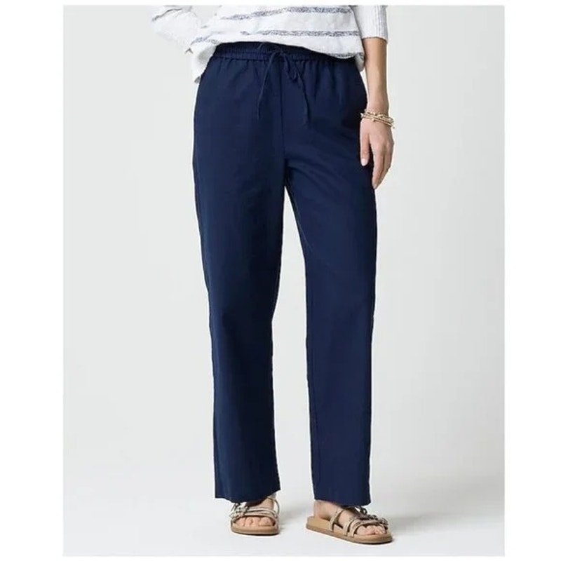 J. Crew Linen Blend Pants Slim Wide Leg Drawstring Waist Blue Women's Size Large